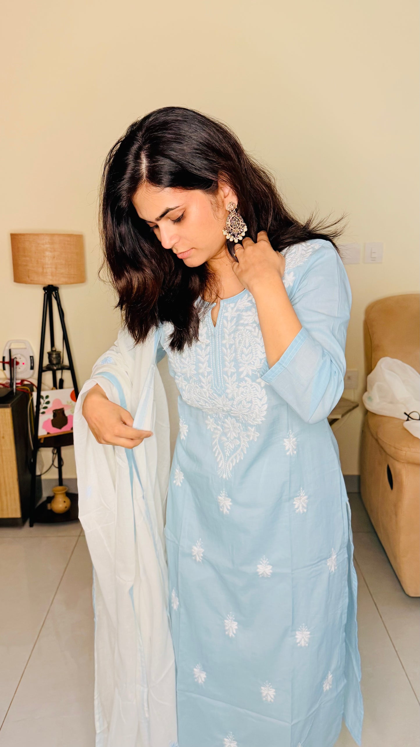 Powder Blue Cotton Suit Set with Embroidered Kurta & Dupatta