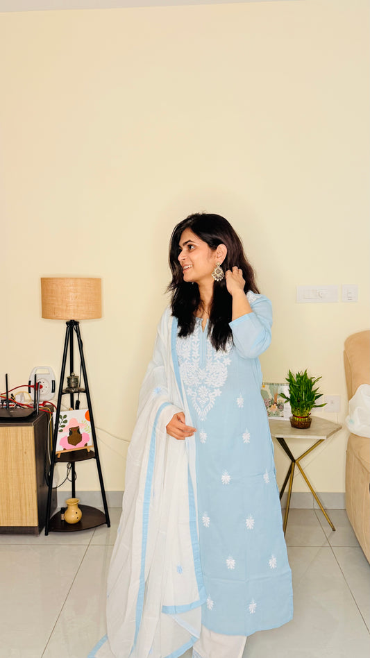 Powder Blue Cotton Suit Set with Embroidered Kurta & Dupatta