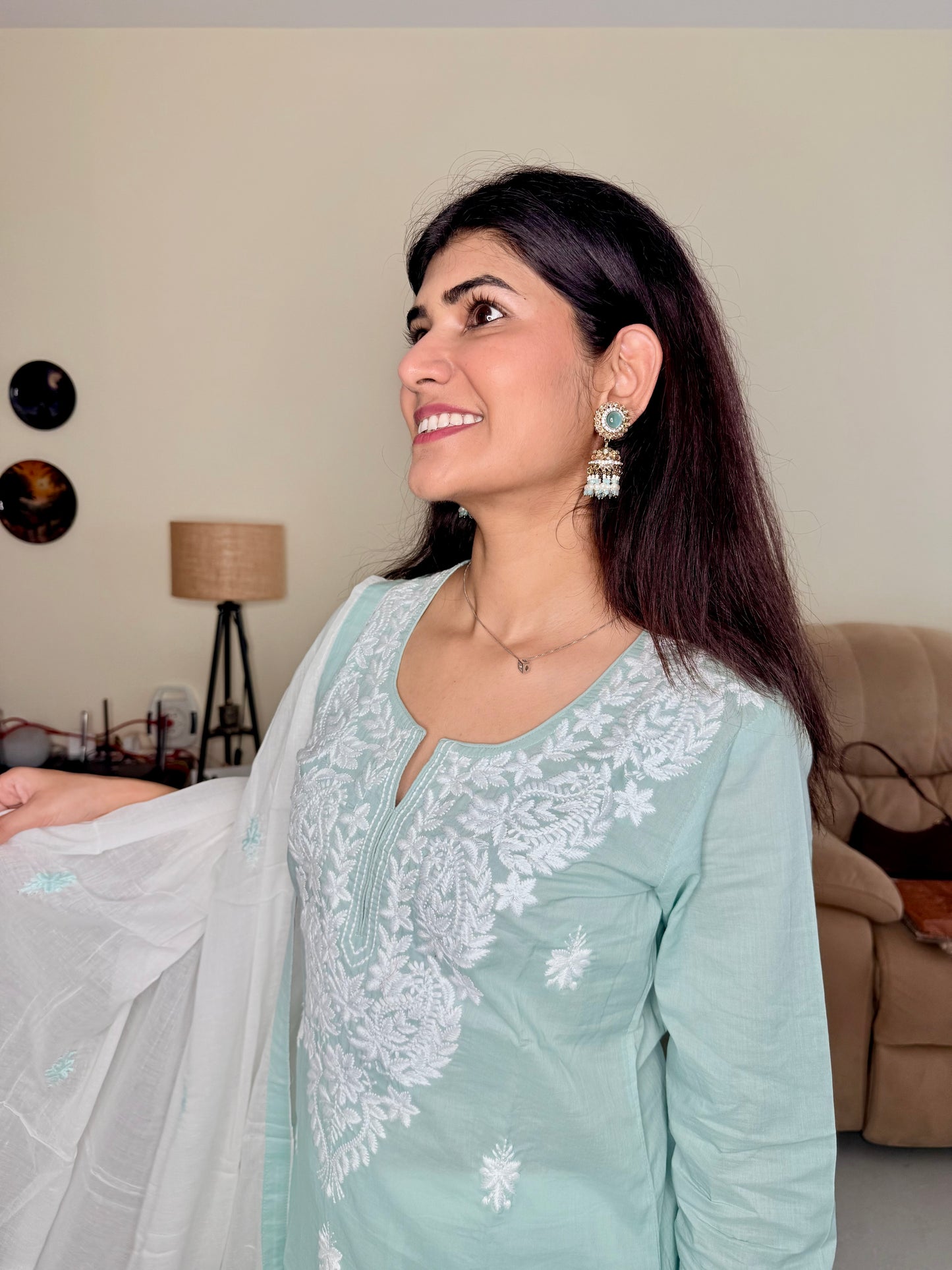 Sage Green Cotton Suit Set with Embroidered Kurta & Dupatta