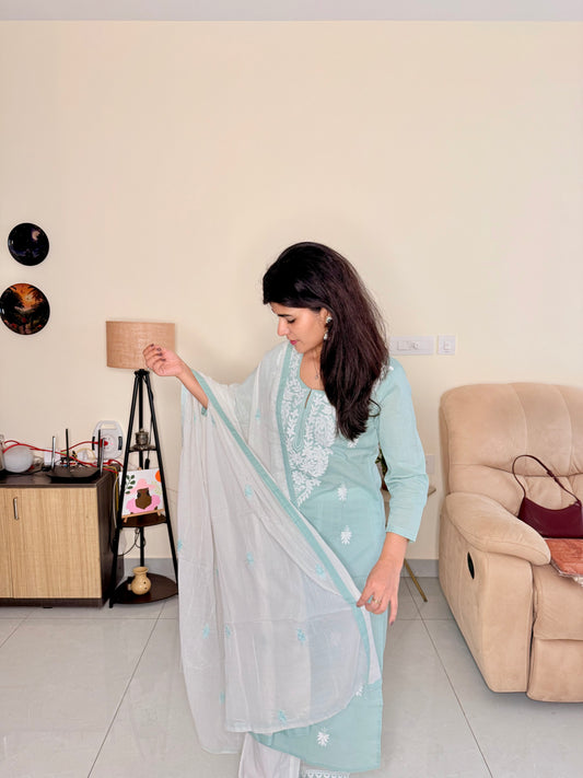 Sage Green Cotton Suit Set with Embroidered Kurta & Dupatta
