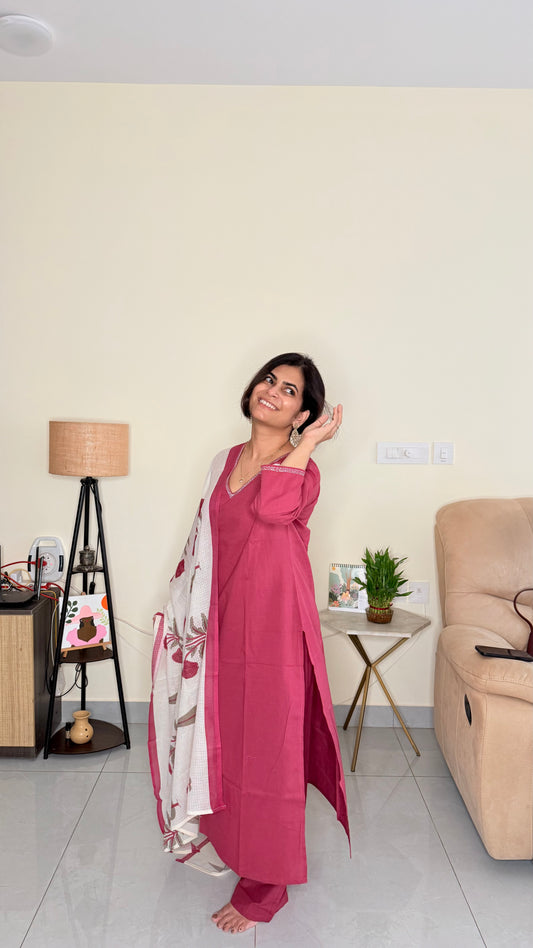 Pink Cotton Suit Set with Floral Printed Dupatta