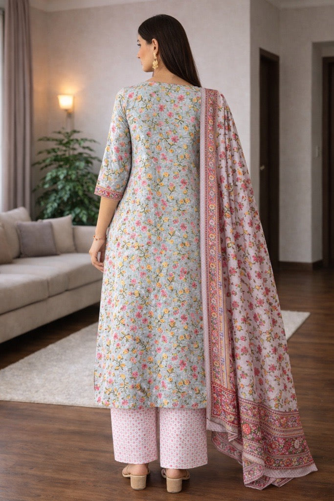 Pastel Bloom Cotton Kurta Set with Printed Dupatta