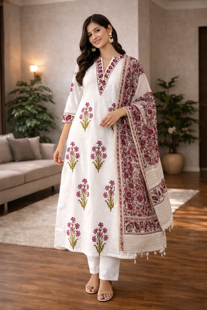Ivory Floral Printed Kurta Set with Dupatta