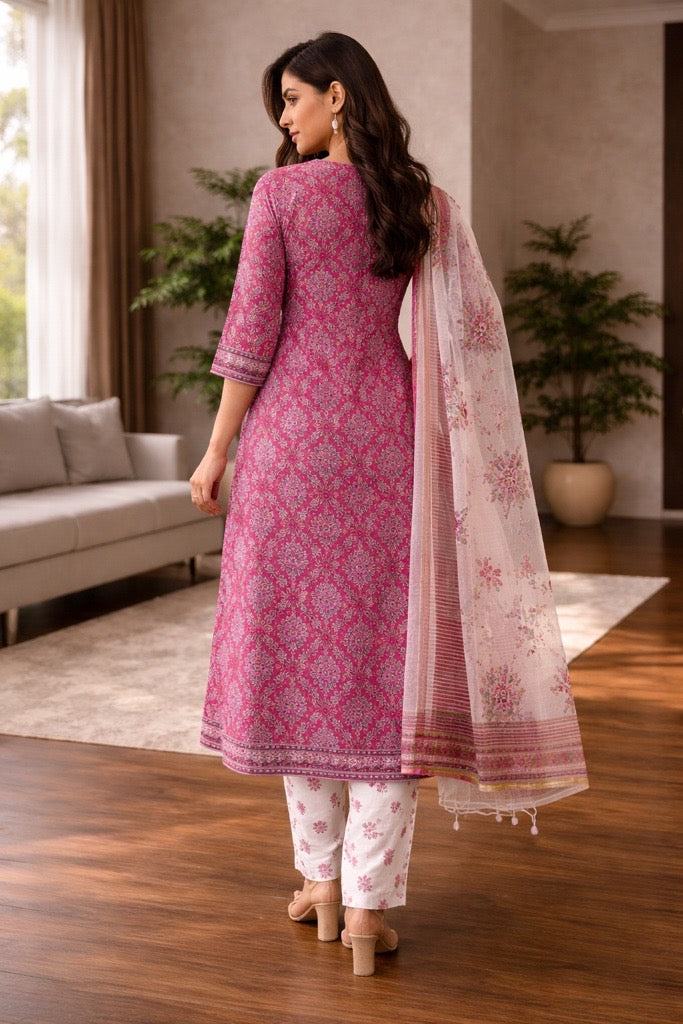 Rose Pink Floral Printed Kurta Set with Dupatta