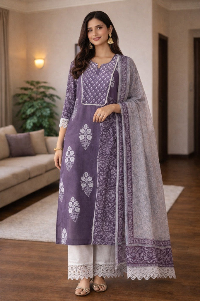 Dusky Purple Printed Kurta Set with Dupatta