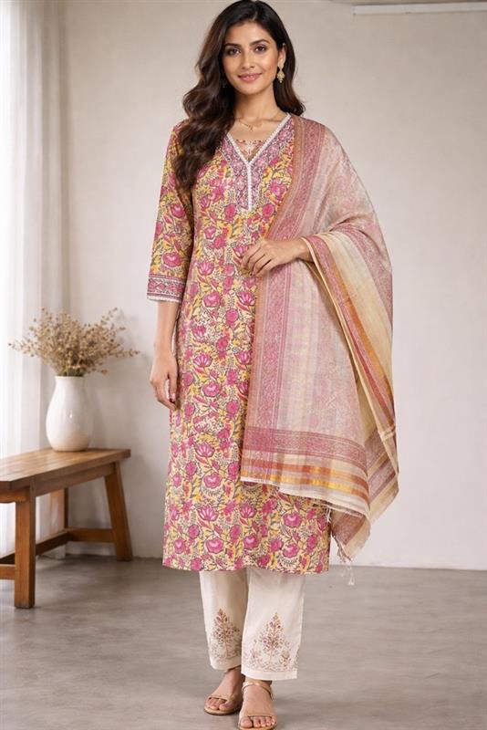 Floral Yellow and Pink Kurta Set with Dupatta