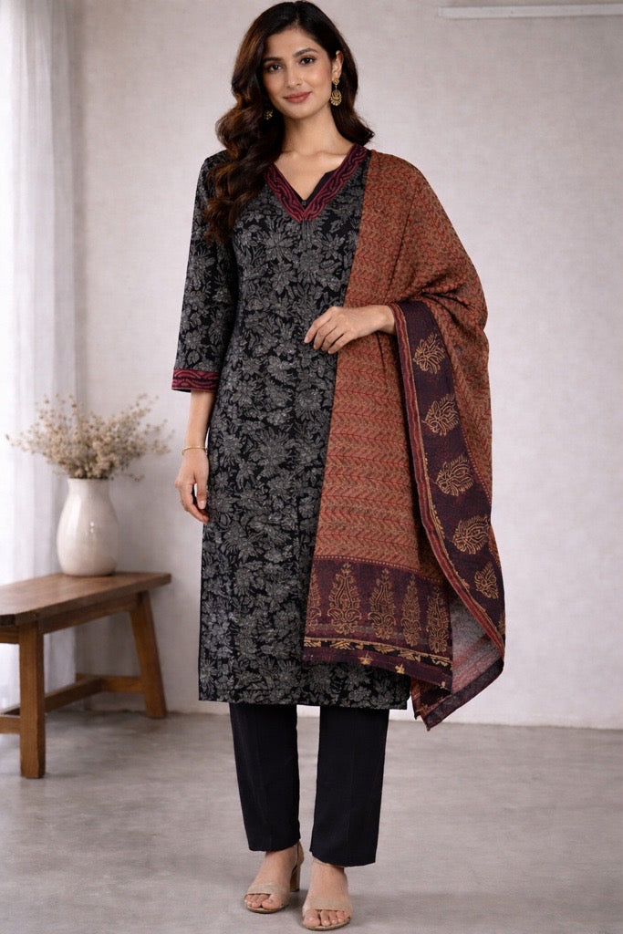 Black Floral Kurta Set with Contrast Dupatta