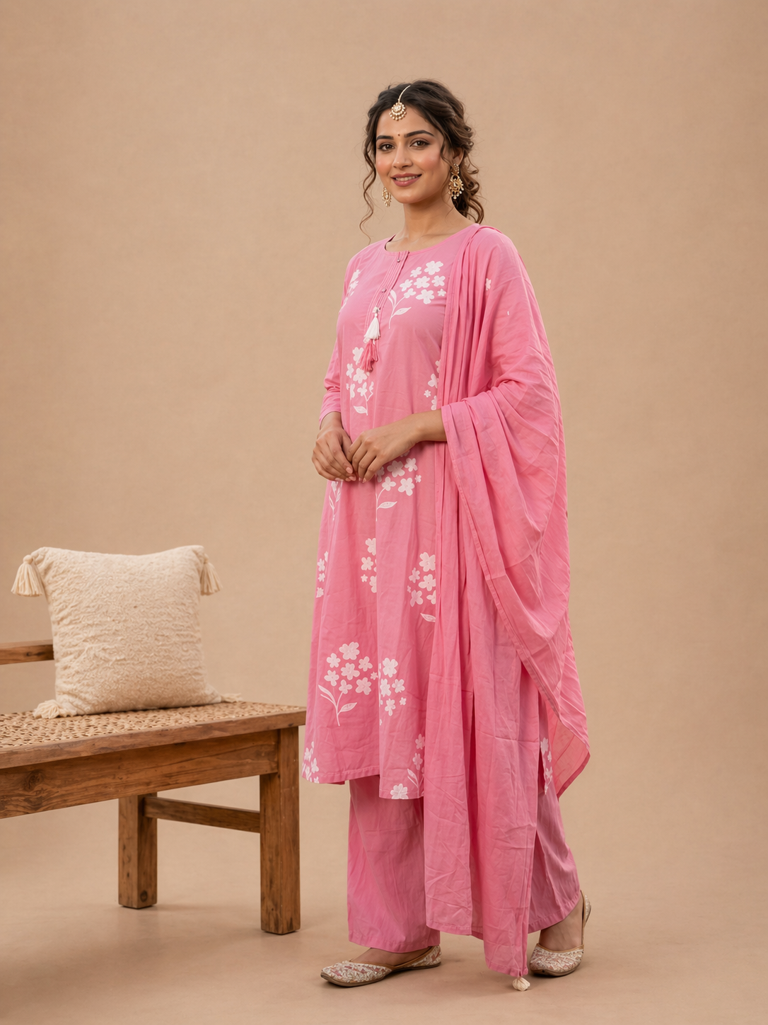 Rose Pink Floral Printed Kurta Set with Dupatta