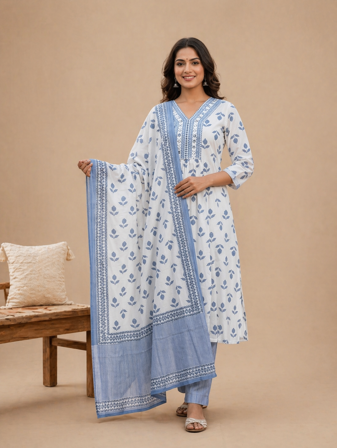 White & Blue Printed Kurta Set with Dupatta