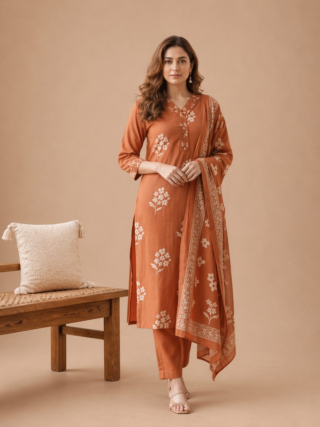 Rust Orange Floral Printed Kurta Set with Dupatta