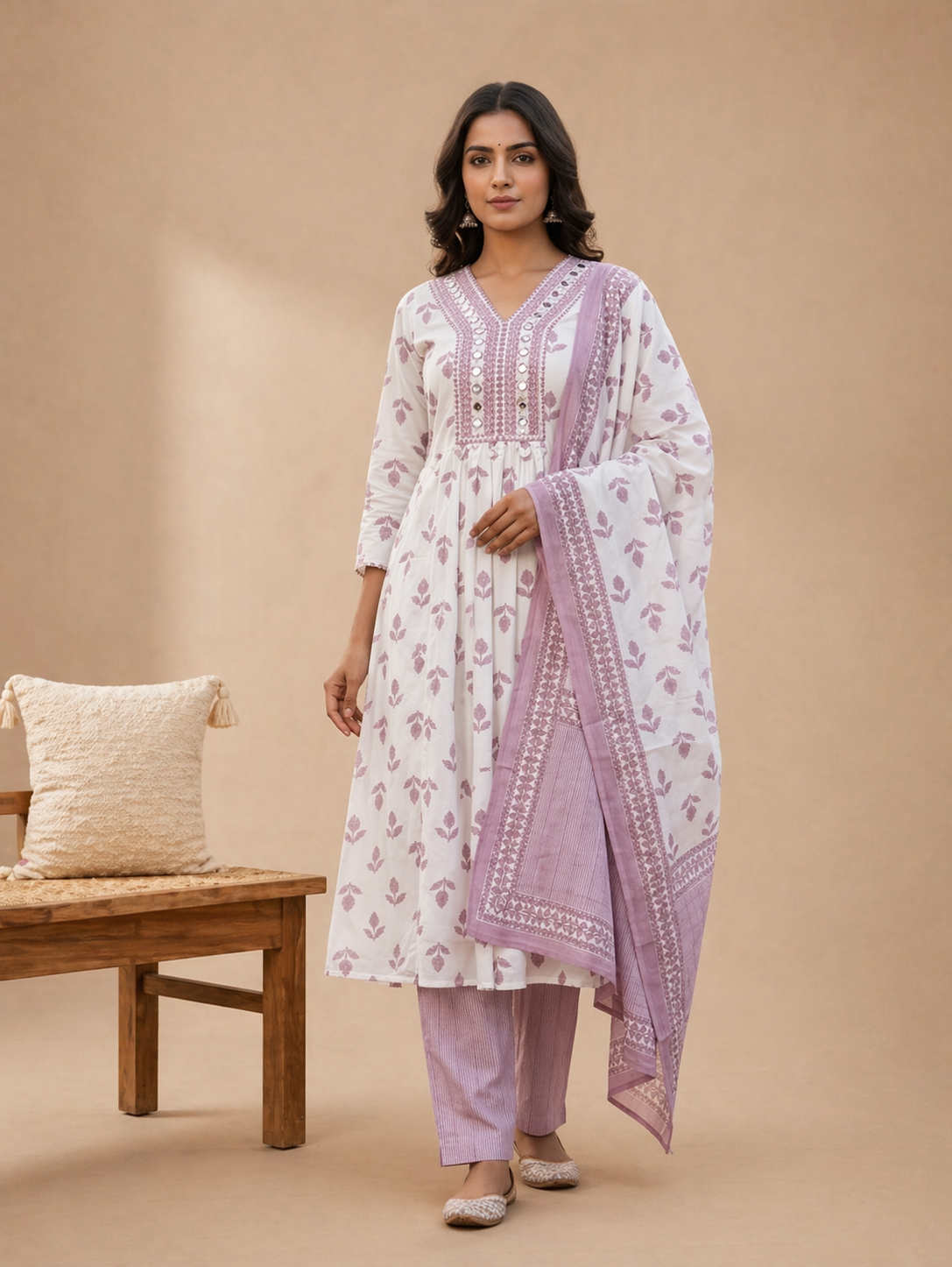 White & Lavender Printed Kurta Set with Dupatta