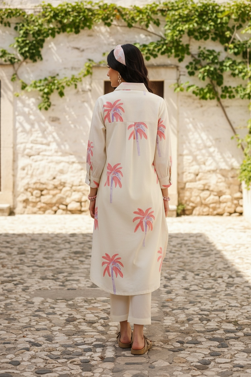Ivory Palm Print Cotton Kurta for Women