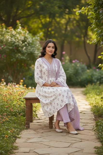 White & Lavender Printed Kurta Set with Dupatta
