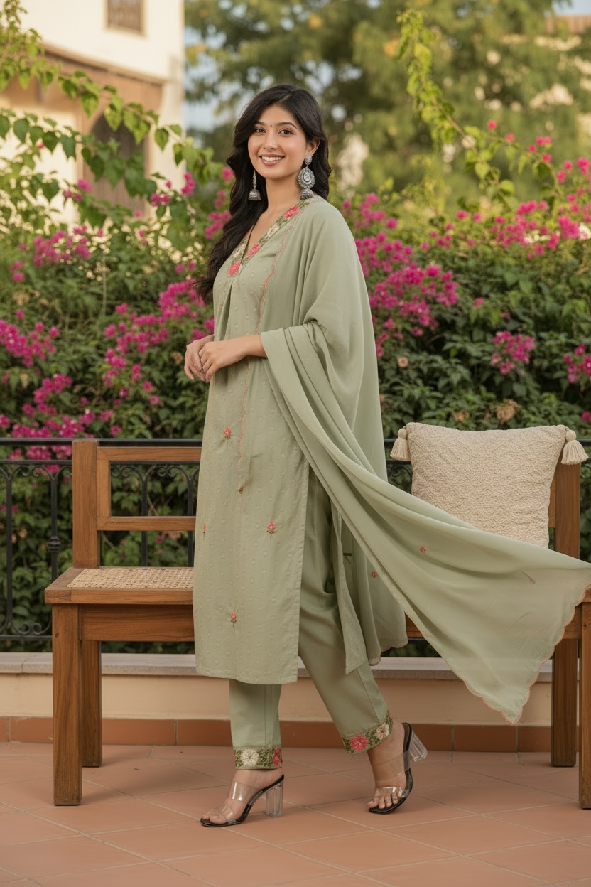 Sage Green Embroidered Kurta Set with Dupatta
