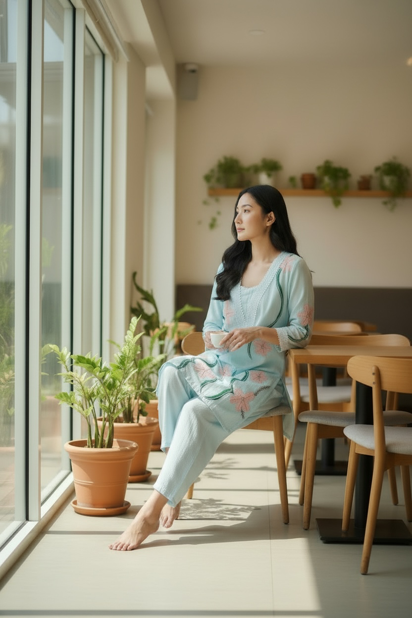 Sky Blue Floral Embroidered Cotton Kurta Set for Women