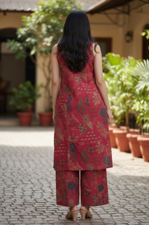 Pink Floral Sleeveless Kurta Set with Pants