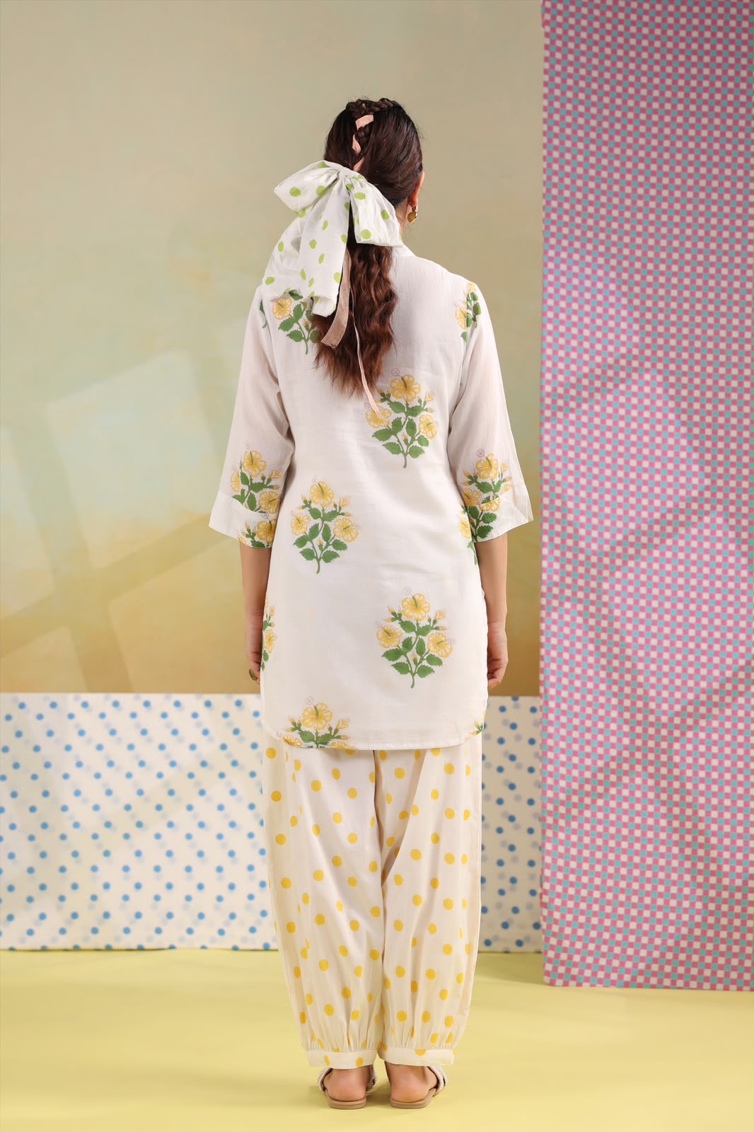 White Floral Cotton Kurta with Printed Farsi Salwar