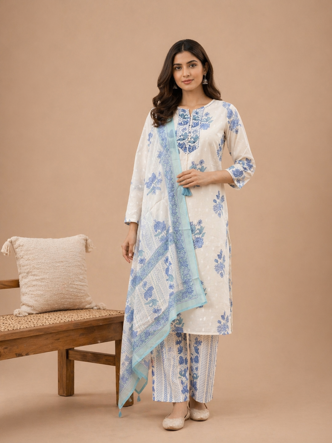 Ivory & Blue Floral Printed Kurta Set with Dupatta