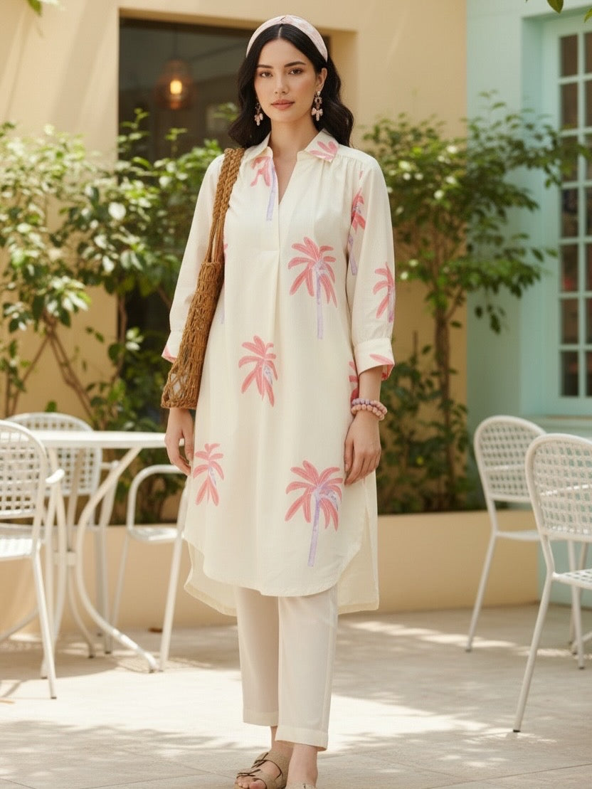 Ivory Palm Print Cotton Kurta for Women