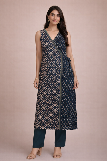 Navy Printed Wrap-Style Kurta Set with Pants