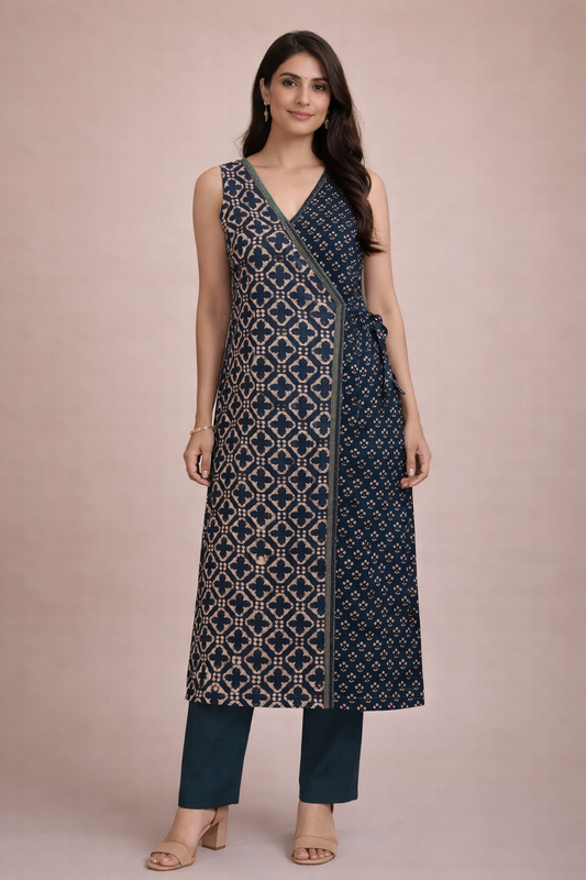 Navy Printed Wrap-Style Kurta Set with Pants