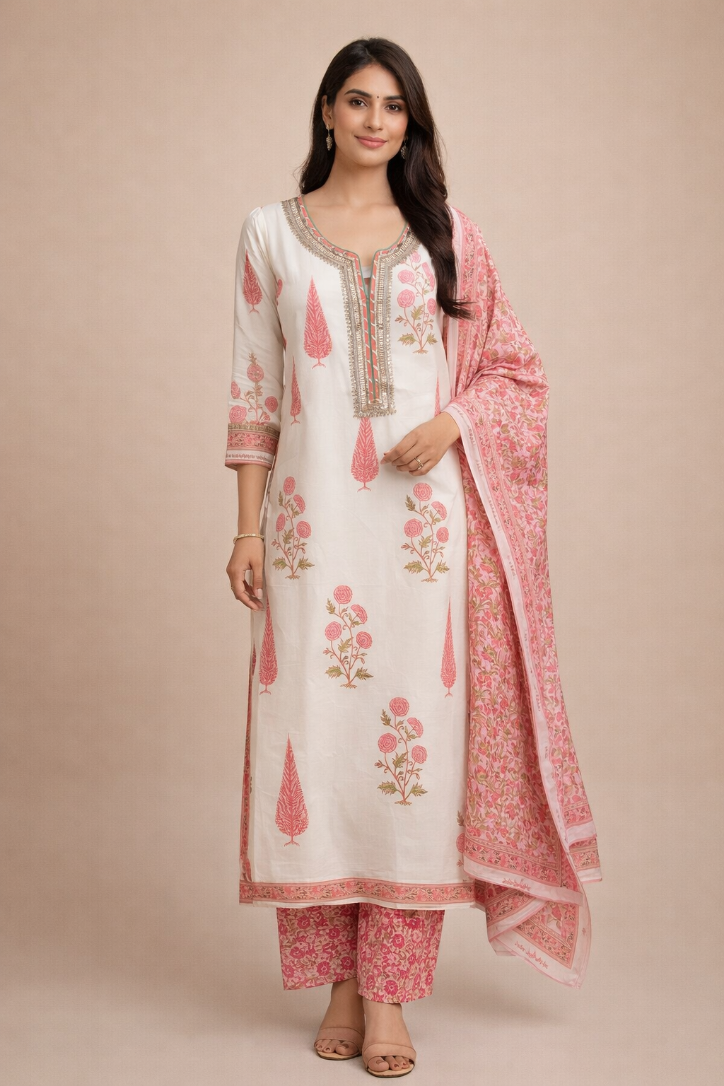 White & Pink Floral Kurta Set with Dupatta