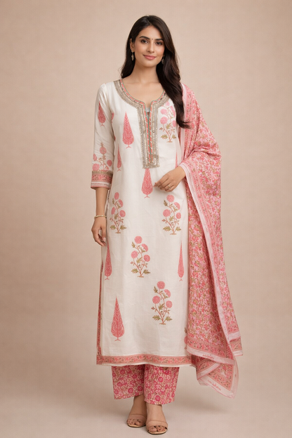 White & Pink Floral Kurta Set with Dupatta