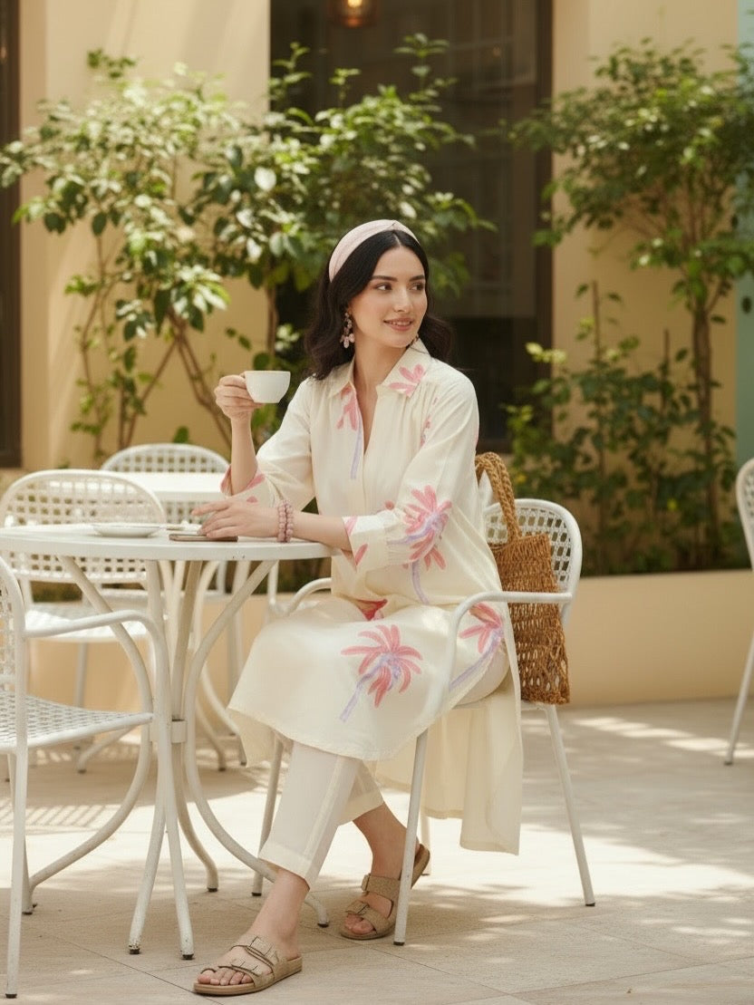 Ivory Palm Print Cotton Kurta for Women