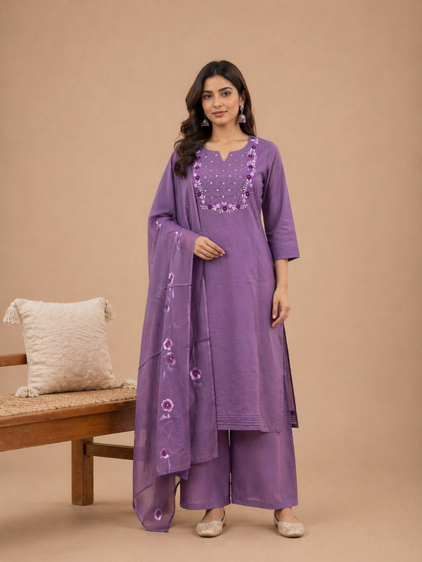 Lavender Embroidered Kurta Set with Dupatta