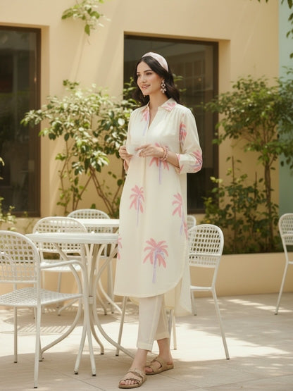 Ivory Palm Print Cotton Kurta for Women