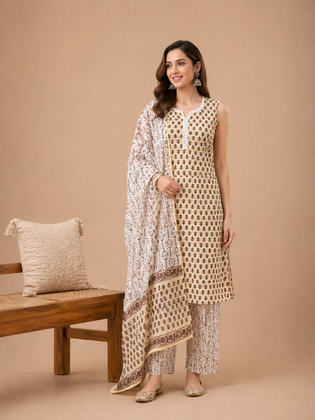 Beige Printed Sleeveless Kurta Set with Dupatta