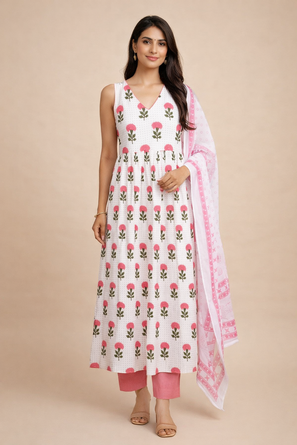 Pink Floral V-Neck Kurta Set with Dupatta
