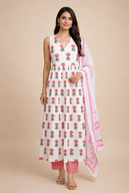 Pink Floral V-Neck Kurta Set with Dupatta