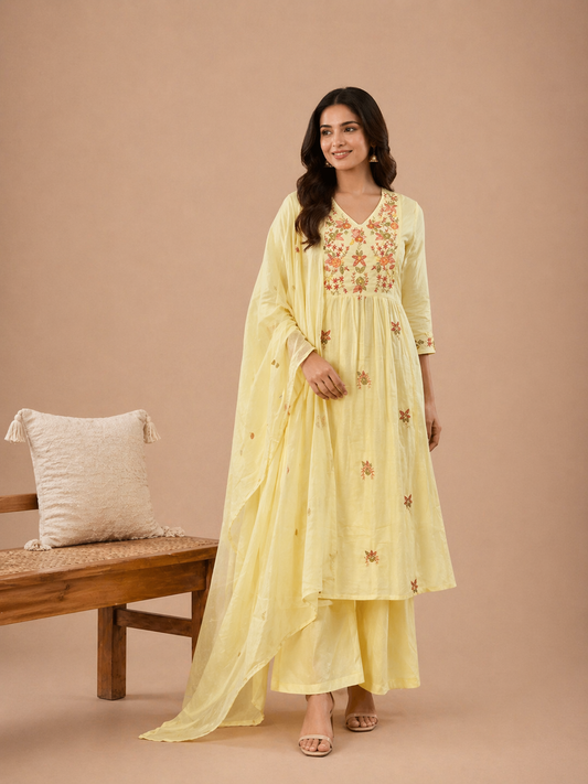 Lemon Yellow Embroidered Kurta Set with Dupatta