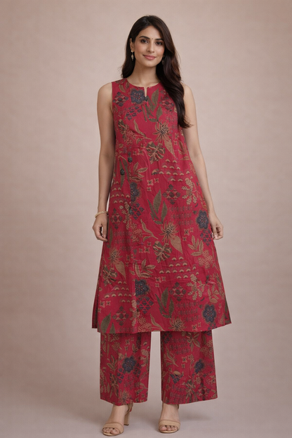 Pink Floral Sleeveless Kurta Set with Pants