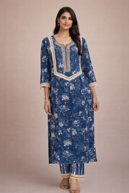 Indigo Floral Kurta Set with Striped Pants