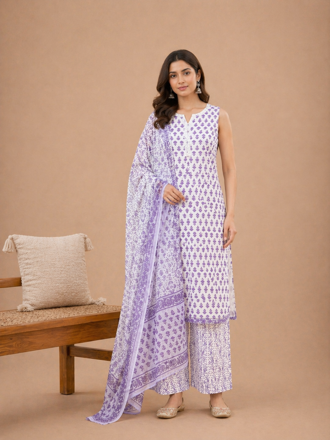 Lavender Printed Sleeveless Kurta Set with Dupatta