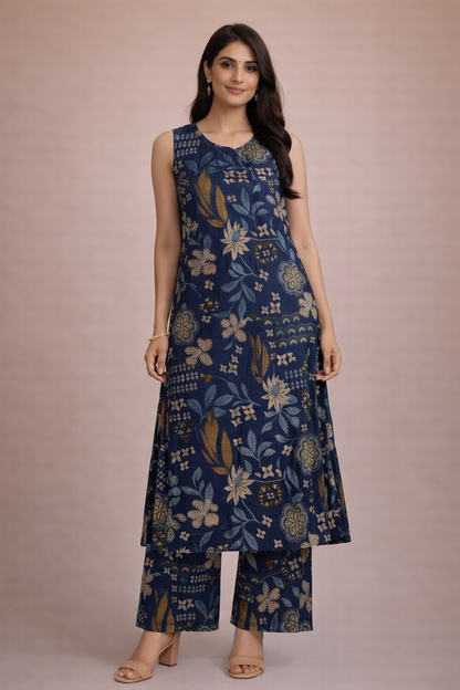 Navy Printed Sleeveless Kurta Set with Pants