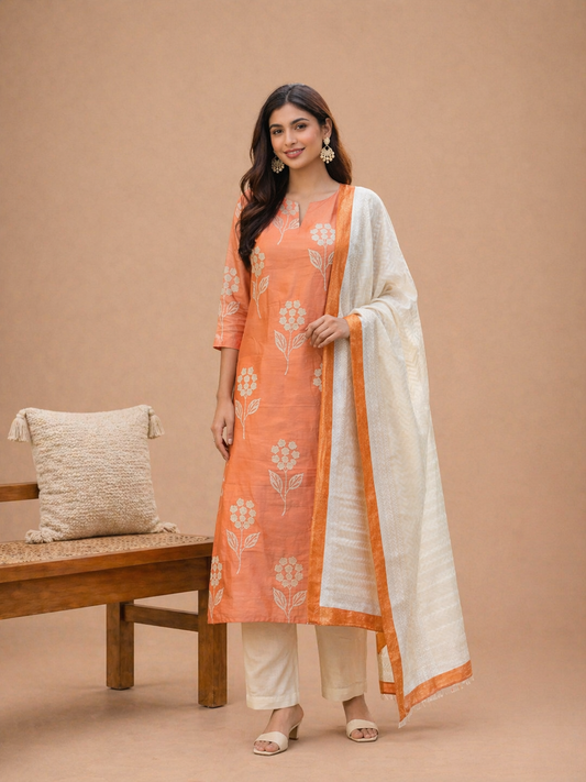 Peach Floral Printed Kurta Set with Dupatta | Mul Chanderi
