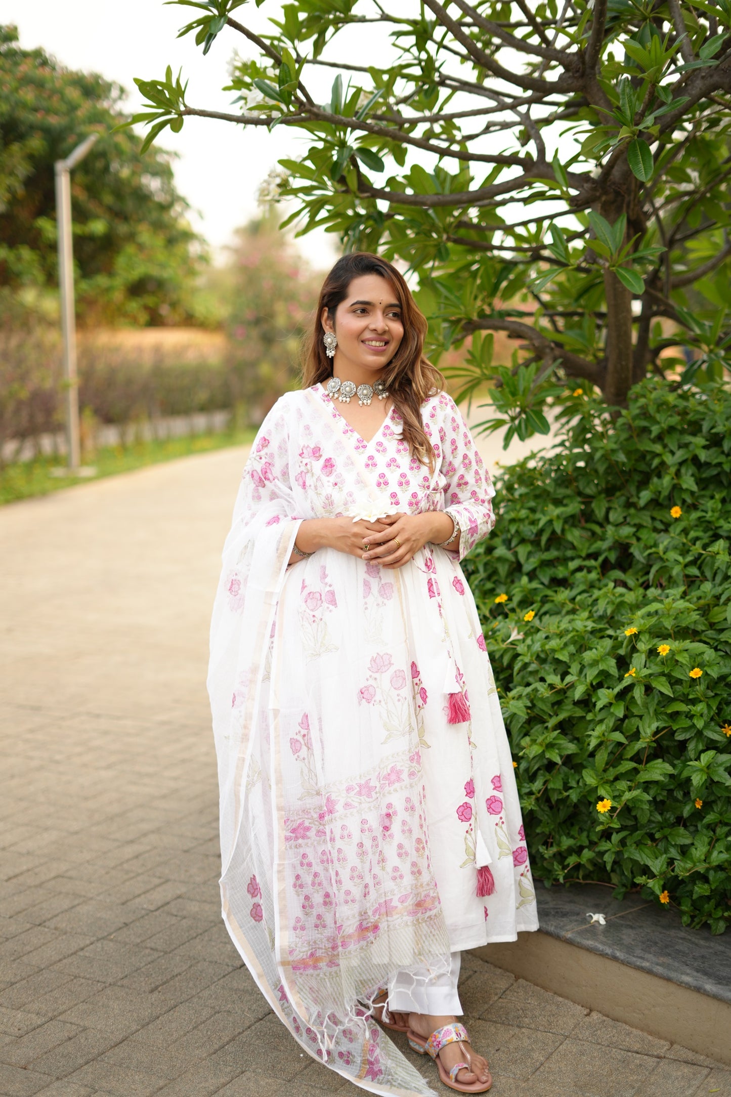 Ivory Floral Anarkali Kurta Set with Dupatta