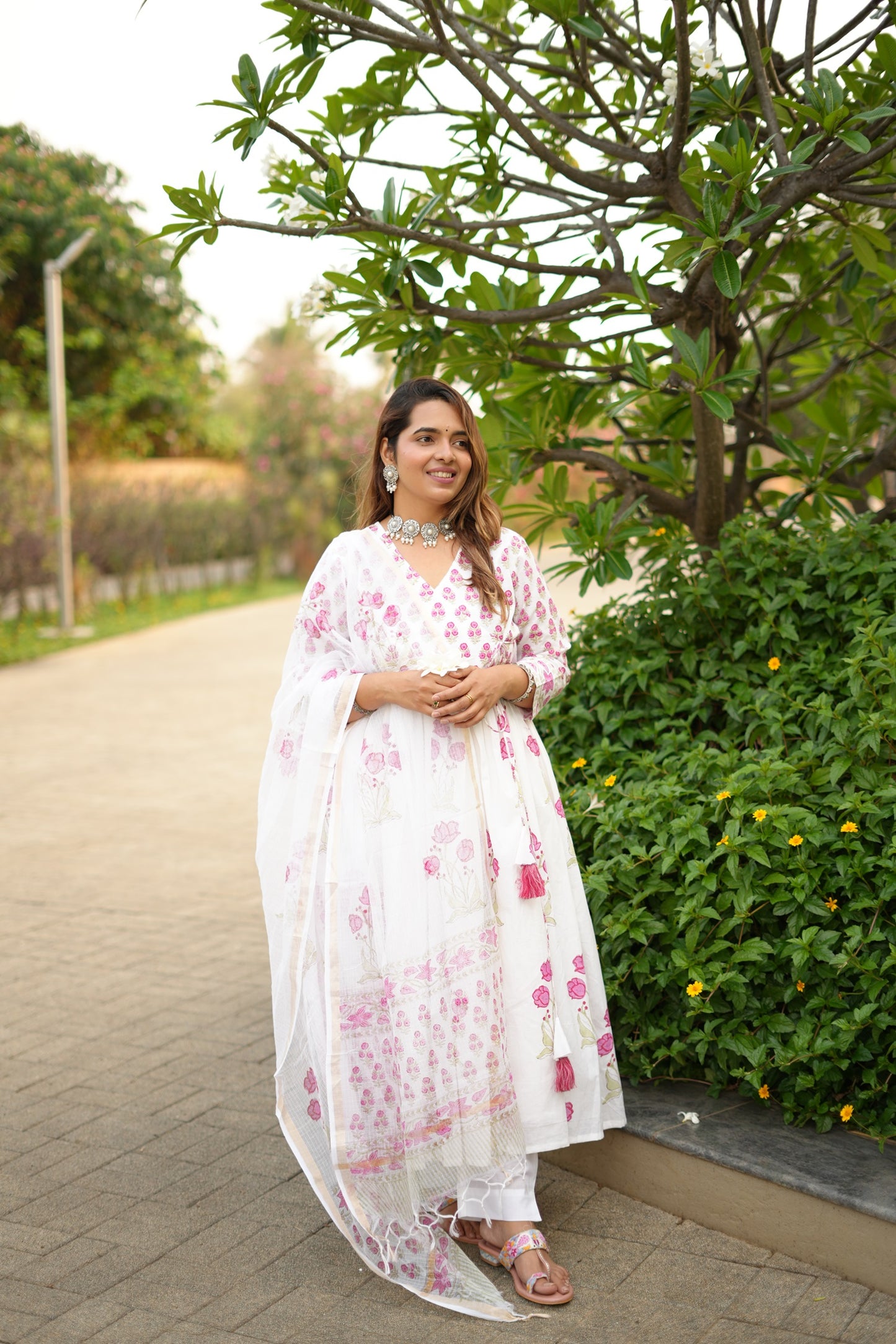 Ivory Floral Anarkali Kurta Set with Dupatta