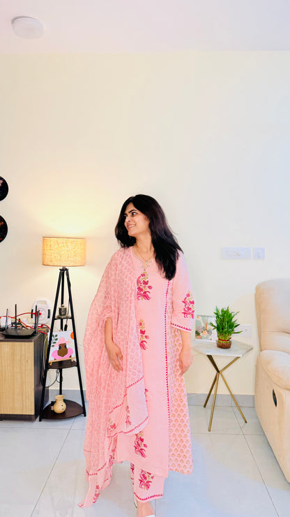 Blush Pink Cotton Suit Set with Floral Embroidery & Printed Dupatta