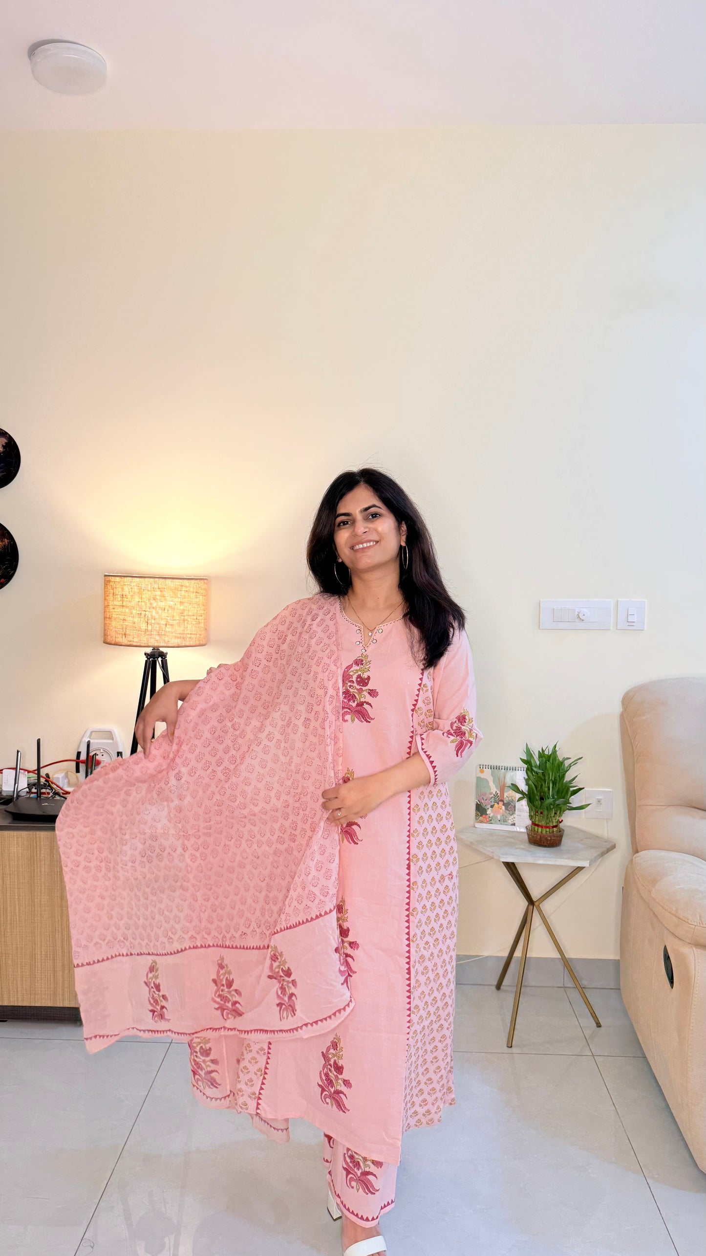 Blush Pink Cotton Suit Set with Floral Embroidery & Printed Dupatta