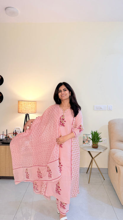 Blush Pink Cotton Suit Set with Floral Embroidery & Printed Dupatta
