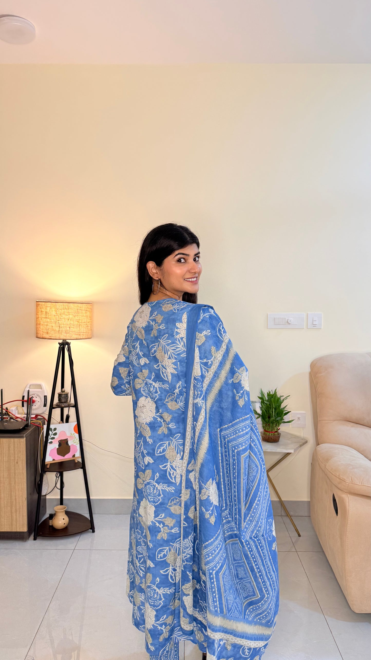 Blue Floral Cotton Suit Set with Dupatta