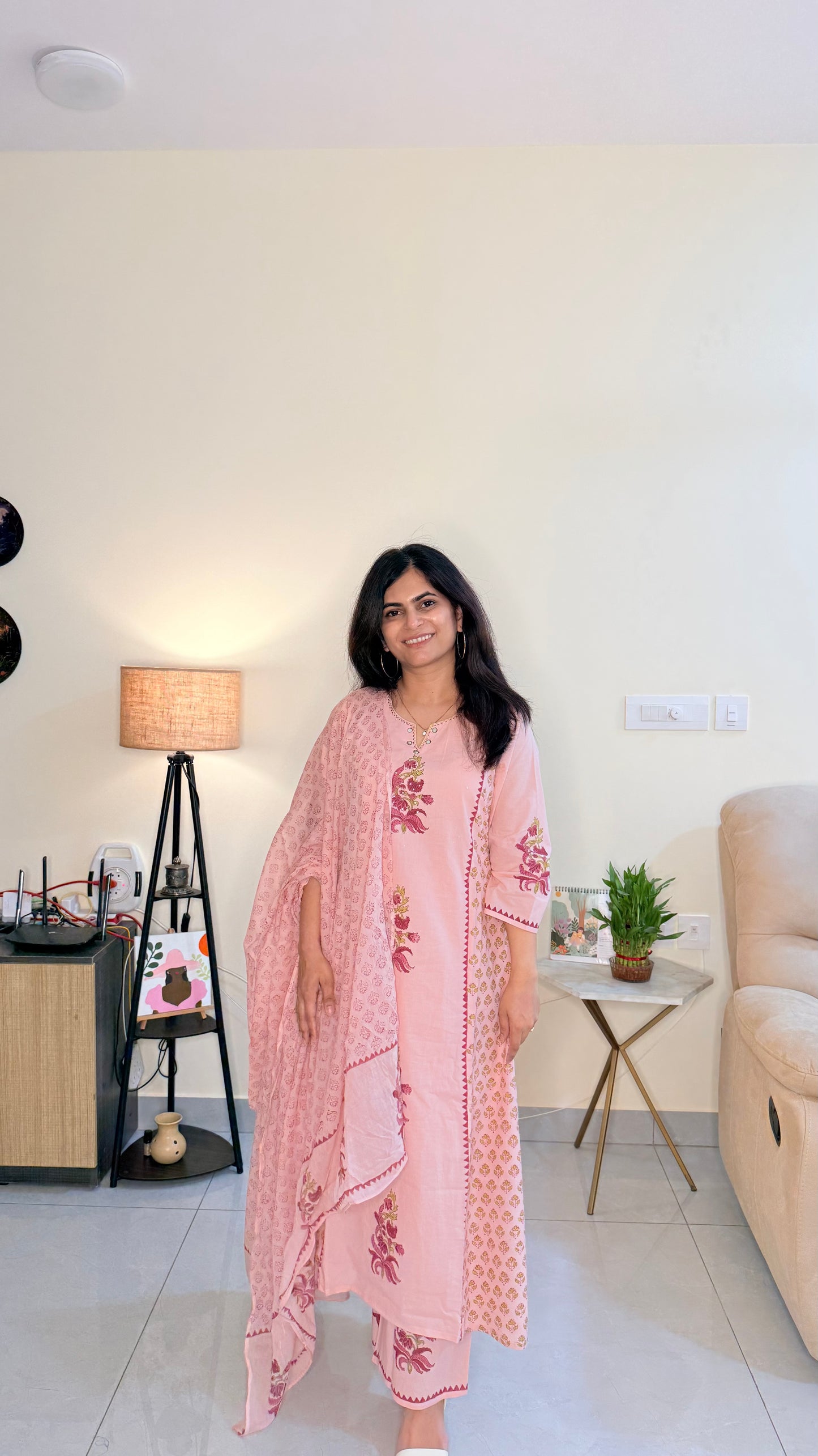 Blush Pink Cotton Suit Set with Floral Embroidery & Printed Dupatta