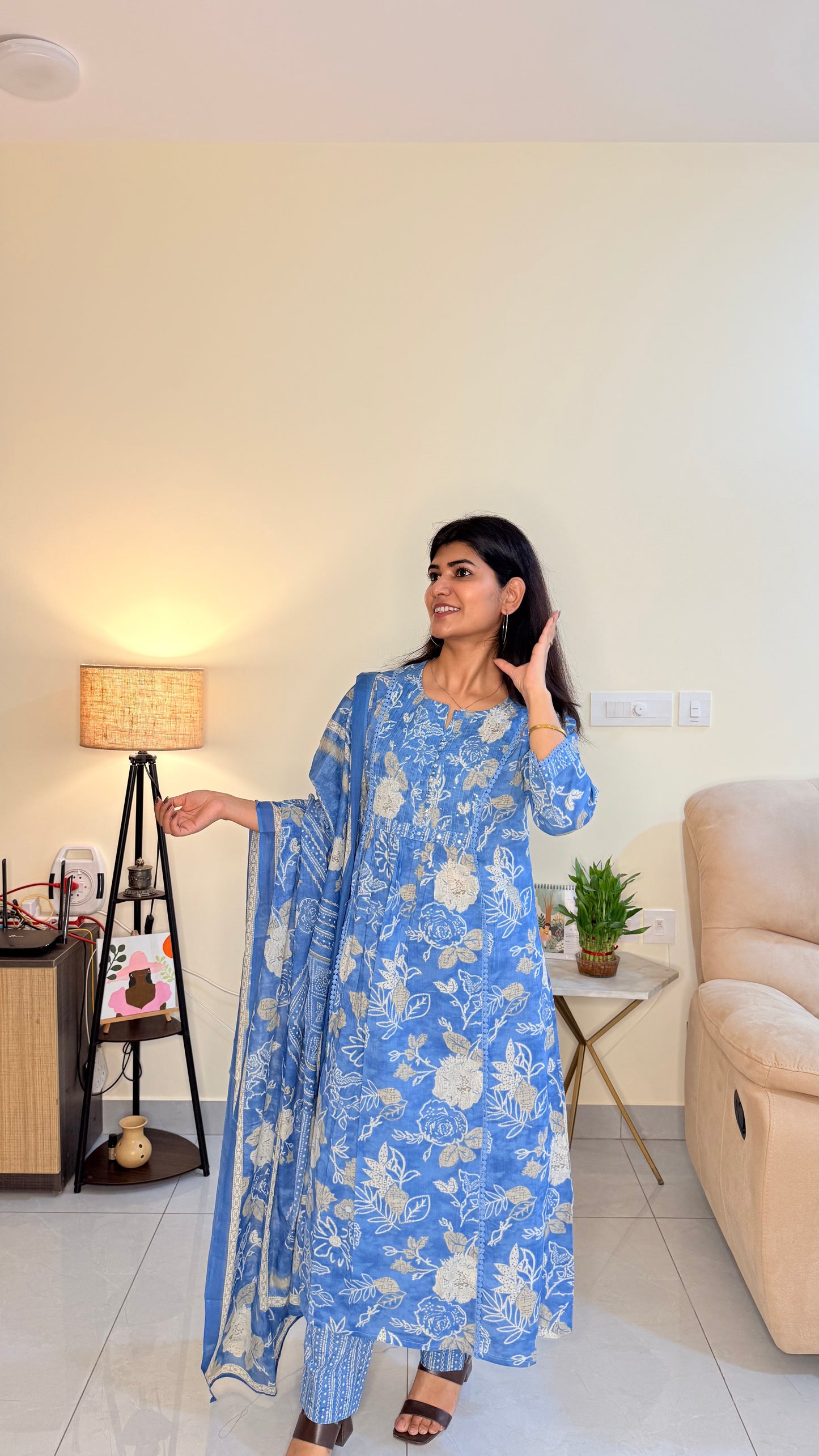 Blue Floral Cotton Suit Set with Dupatta