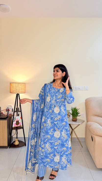 Blue Floral Cotton Suit Set with Dupatta