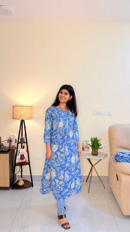 Blue Floral Cotton Suit Set with Dupatta