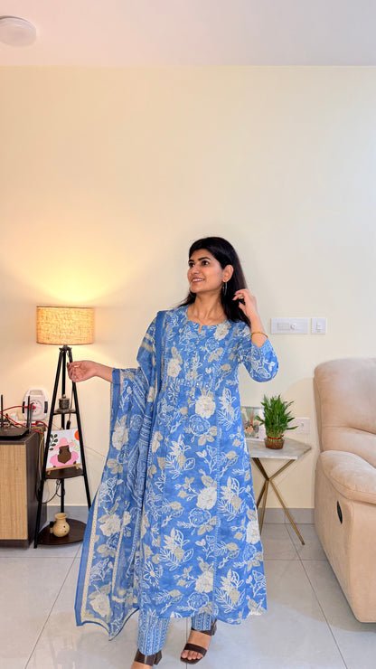 Blue Floral Cotton Suit Set with Dupatta